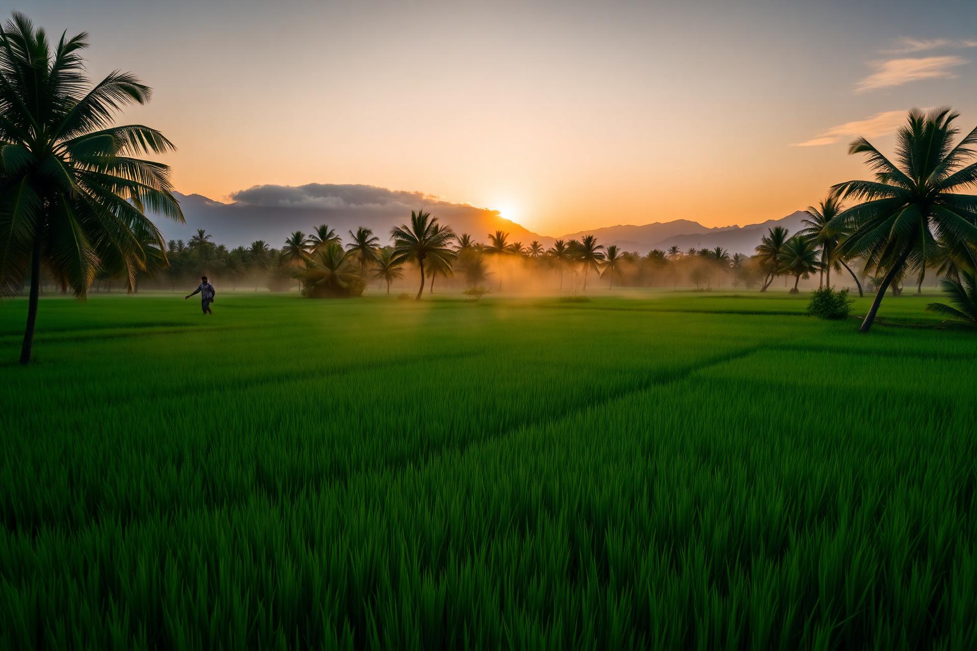 Sunrise over paddy fields in Cumbum valley